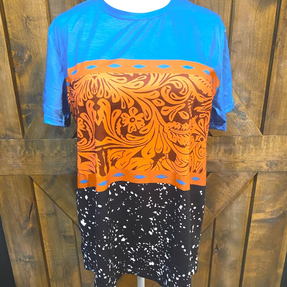 Electric Blue & Tooled Leather Print Splatter Paint Tee - Picture 13 of 13